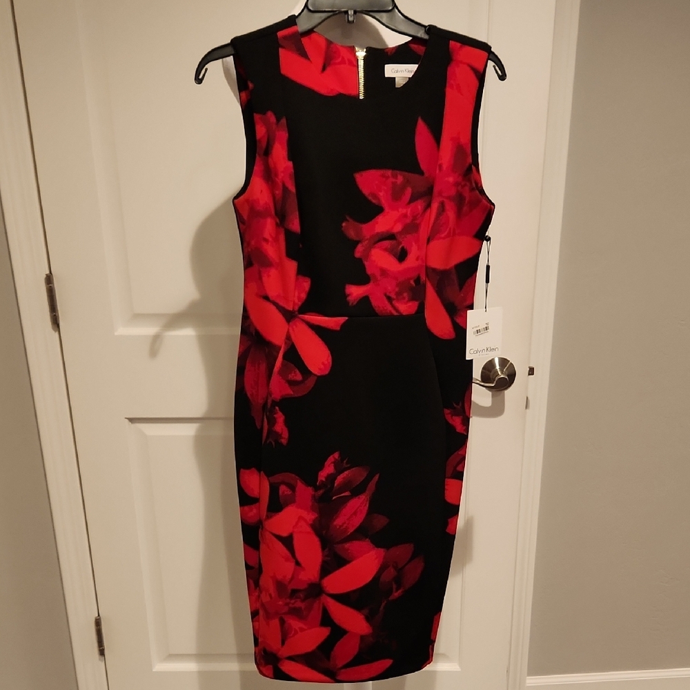 NEW- Calvin Klein Black and Red Floral Midi Dress- Size 10